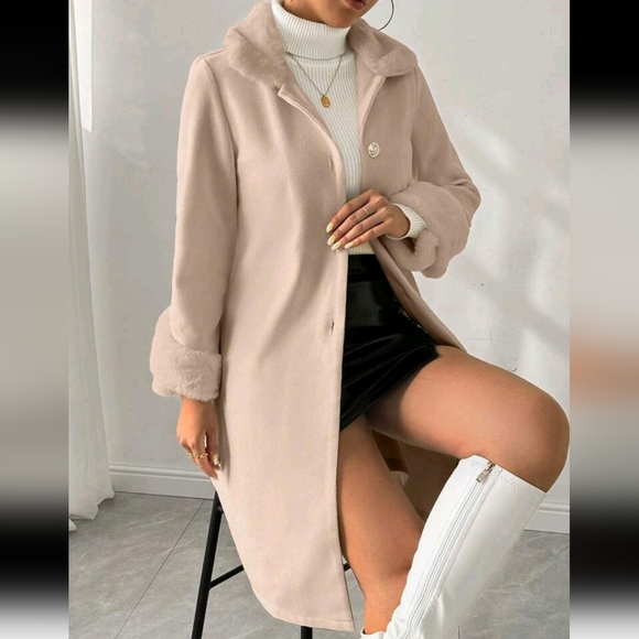 Women Casual Patchwork Fluffy Collar Single-Breasted Long Coat, Autumn